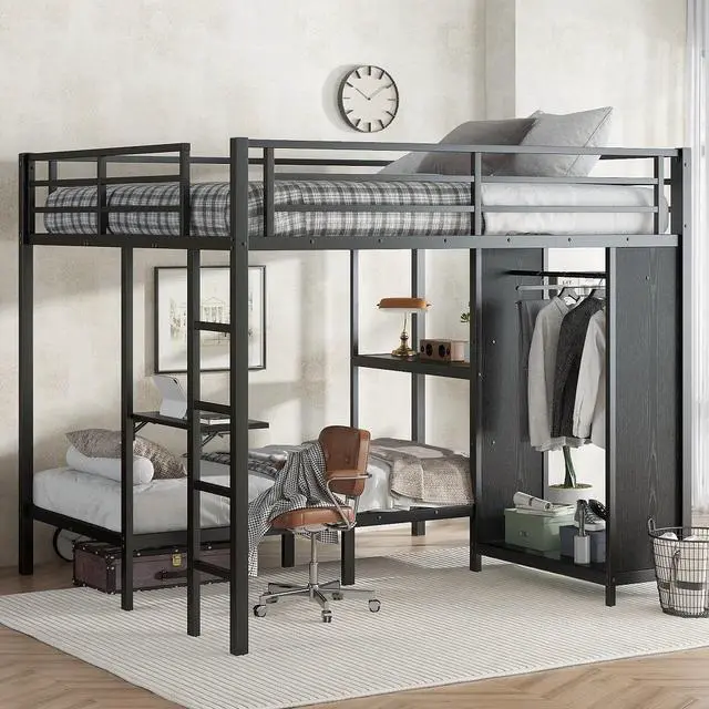 Main image of King over Twin XL Size Bunk Bed Frame with Built-in Wardrobe, Metal Bunk Bed with Foldable Desk and, Black
