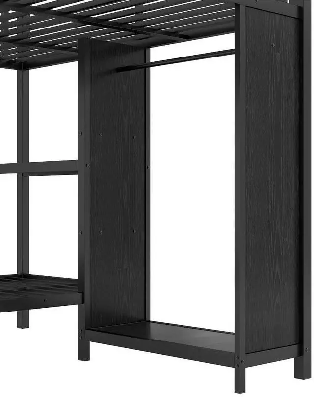 Alt view image 5 of 7 - King over Twin XL Size Bunk Bed Frame with Built-in Wardrobe, Metal Bunk Bed with Foldable Desk and, Black