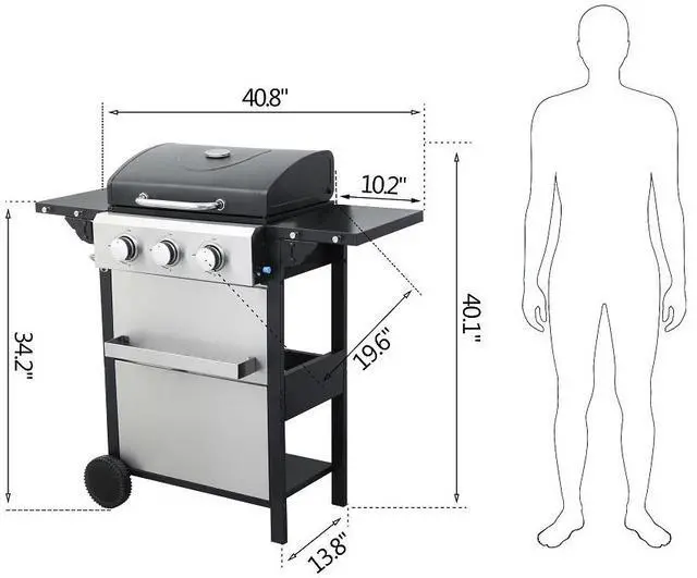 Alt view image 2 of 7 - 3-Burner Propane Gas BBQ Grill, 25650BTU Output With Wire Enamel Cooking Grids For Outdoor Barbecue, Foldable Side Table, Stainless Steel
