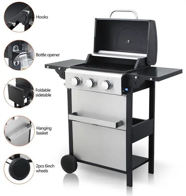 Main image of 3-Burner Propane Gas BBQ Grill, 25650BTU Output With Wire Enamel Cooking Grids For Outdoor Barbecue, Foldable Side Table, Stainless Steel
