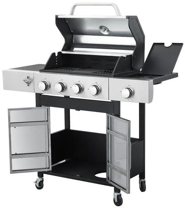 Alt view image 3 of 6 - 4-Burner Propane Gas BBQ Grill with Side Burner, 46790BTU Output With Enameled Cast Iron Cooking Grids For Outdoor Barbecue, Stainless Steel
