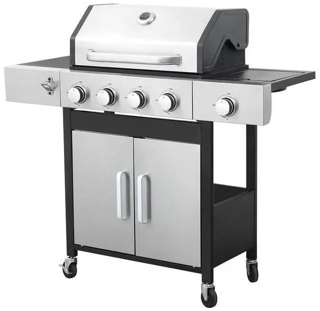 Alt view image 5 of 6 - 4-Burner Propane Gas BBQ Grill with Side Burner, 46790BTU Output With Enameled Cast Iron Cooking Grids For Outdoor Barbecue, Stainless Steel