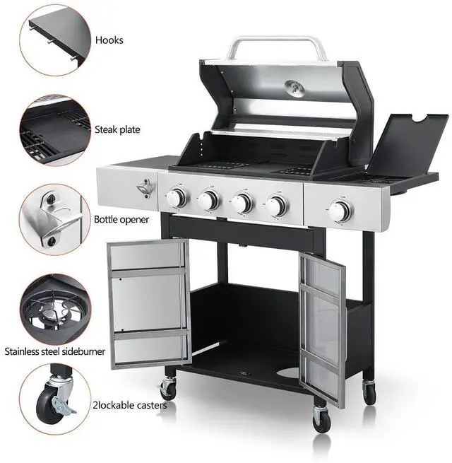 Main image of 4-Burner Propane Gas BBQ Grill with Side Burner, 46790BTU Output With Enameled Cast Iron Cooking Grids For Outdoor Barbecue, Stainless Steel