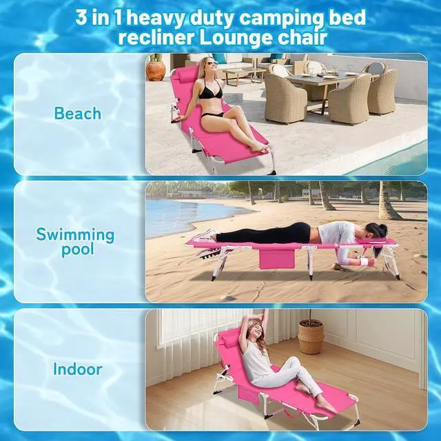 Alt view image 3 of 7 - 3-in-1 Heavy Duty Tanning Chair with Face Hole Adjustable 5-Position Folding Chaise Lounge Chairs for Outside Portable Lay Flat Beach Lounge Chair for Outdoor Sunbathing Patio Pool Lawn Camping