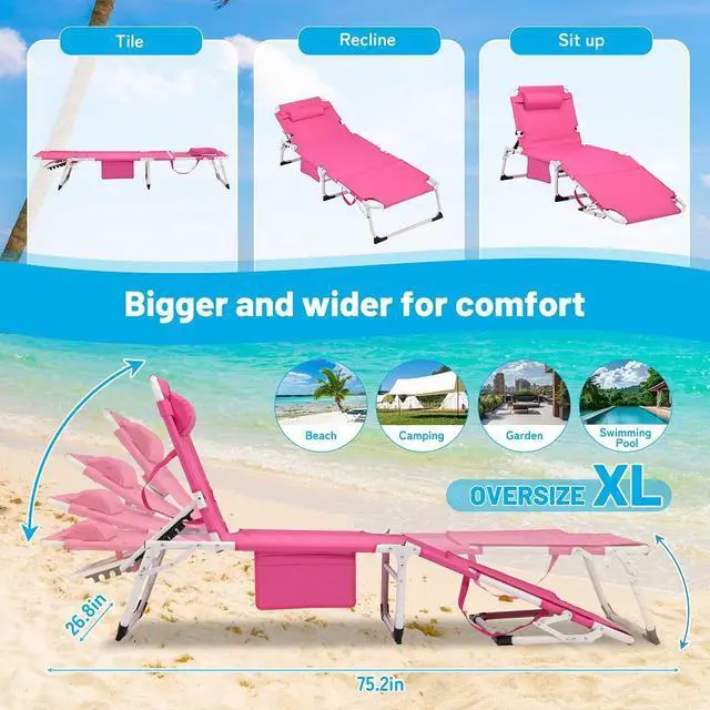 Alt view image 2 of 7 - 3-in-1 Heavy Duty Tanning Chair with Face Hole Adjustable 5-Position Folding Chaise Lounge Chairs for Outside Portable Lay Flat Beach Lounge Chair for Outdoor Sunbathing Patio Pool Lawn Camping