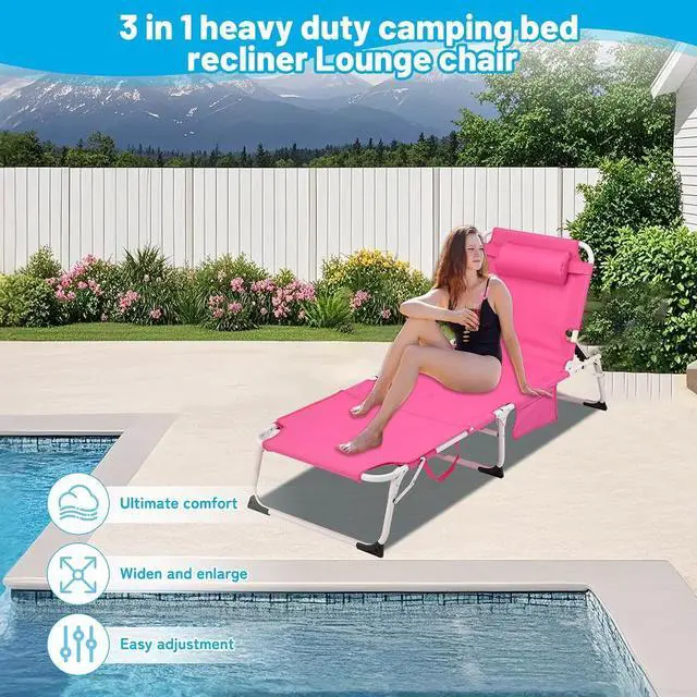Alt view image 7 of 7 - 3-in-1 Heavy Duty Tanning Chair with Face Hole Adjustable 5-Position Folding Chaise Lounge Chairs for Outside Portable Lay Flat Beach Lounge Chair for Outdoor Sunbathing Patio Pool Lawn Camping