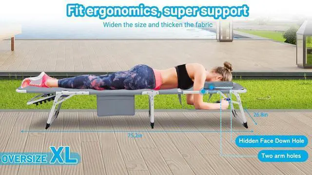 Alt view image 6 of 7 - 3-in-1 Heavy Duty Tanning Chair with Face Hole Adjustable 5-Position Folding Chaise Lounge Chairs for Outside Portable Lay Flat Beach Lounge Chair for Outdoor Sunbathing Patio Pool Lawn Camping Gray