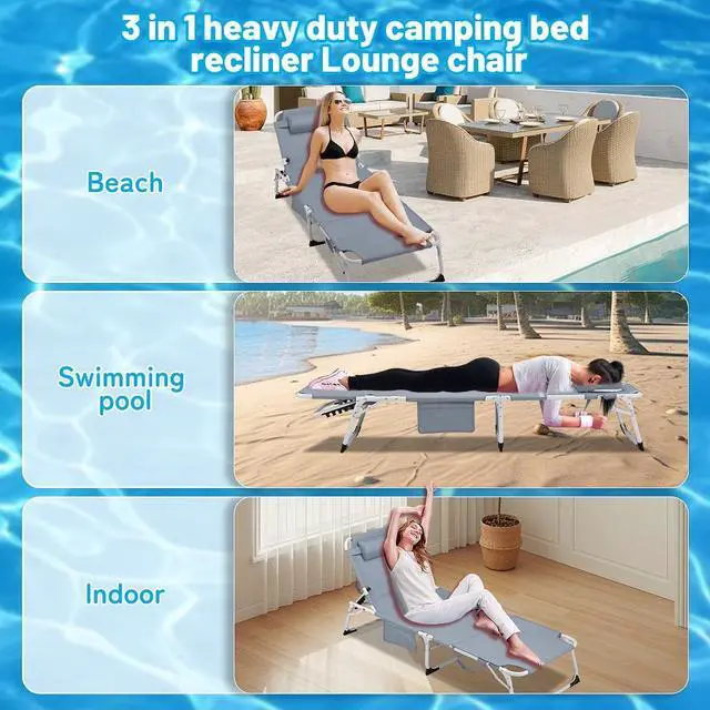 Alt view image 5 of 7 - 3-in-1 Heavy Duty Tanning Chair with Face Hole Adjustable 5-Position Folding Chaise Lounge Chairs for Outside Portable Lay Flat Beach Lounge Chair for Outdoor Sunbathing Patio Pool Lawn Camping Gray