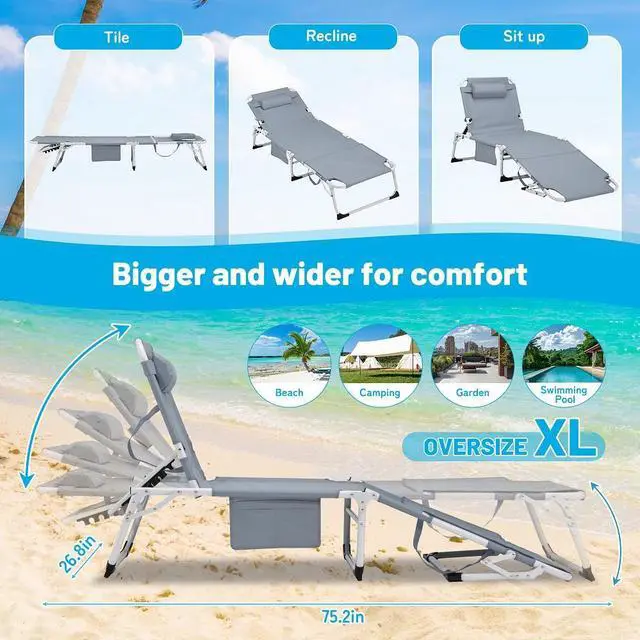 Alt view image 2 of 7 - 3-in-1 Heavy Duty Tanning Chair with Face Hole Adjustable 5-Position Folding Chaise Lounge Chairs for Outside Portable Lay Flat Beach Lounge Chair for Outdoor Sunbathing Patio Pool Lawn Camping Gray