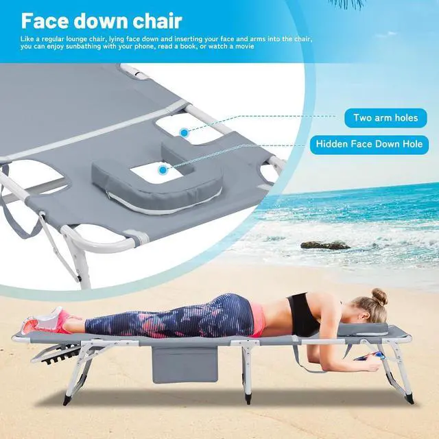 Alt view image 4 of 7 - 3-in-1 Heavy Duty Tanning Chair with Face Hole Adjustable 5-Position Folding Chaise Lounge Chairs for Outside Portable Lay Flat Beach Lounge Chair for Outdoor Sunbathing Patio Pool Lawn Camping Gray
