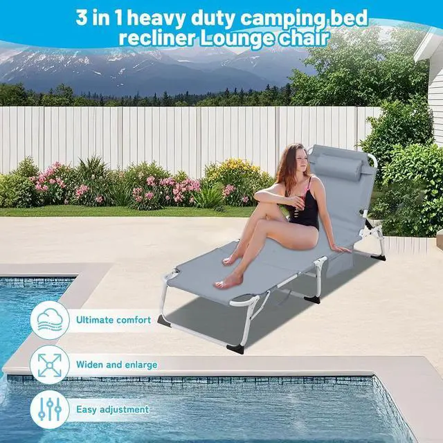 Alt view image 7 of 7 - 3-in-1 Heavy Duty Tanning Chair with Face Hole Adjustable 5-Position Folding Chaise Lounge Chairs for Outside Portable Lay Flat Beach Lounge Chair for Outdoor Sunbathing Patio Pool Lawn Camping Gray