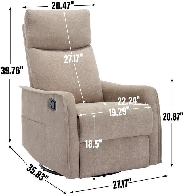 Alt view image 3 of 7 - chairHeat Massage Manual Recliner Chair with Rocker and Swivel in Fabric for Living Room, Khaki
