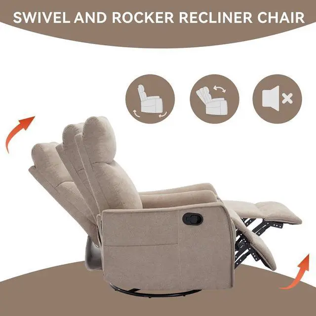 Alt view image 5 of 7 - chairHeat Massage Manual Recliner Chair with Rocker and Swivel in Fabric for Living Room, Khaki