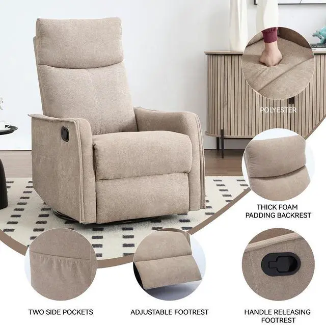 Alt view image 4 of 7 - chairHeat Massage Manual Recliner Chair with Rocker and Swivel in Fabric for Living Room, Khaki