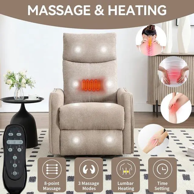 Alt view image 7 of 7 - chairHeat Massage Manual Recliner Chair with Rocker and Swivel in Fabric for Living Room, Khaki