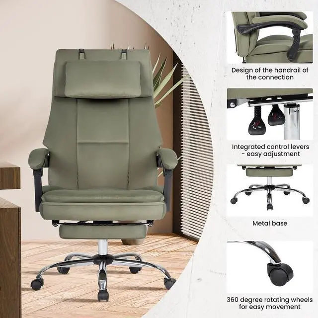 Alt view image 5 of 6 - Office Chair, Big and Tall Executive Office Chair with Footrest & Removable Headrest, High Back Ergonomic Computer Desk Chair Work Chair With Comfortable Frosted Velvet (Green)