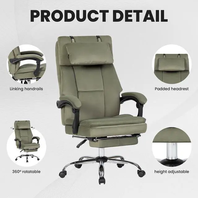Alt view image 4 of 6 - Office Chair, Big and Tall Executive Office Chair with Footrest & Removable Headrest, High Back Ergonomic Computer Desk Chair Work Chair With Comfortable Frosted Velvet (Green)