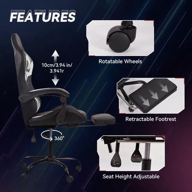 Alt view image 2 of 7 - Gaming Chair RGB Lighting PU Leather w/Synced Armrests & 5-Star Metal Base Black-White
