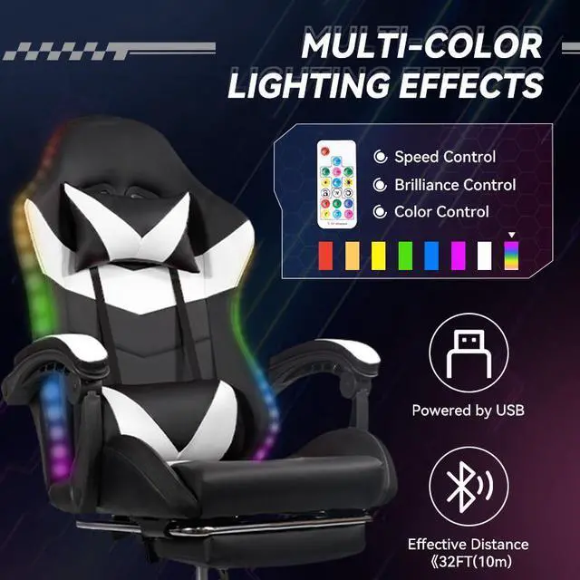 Alt view image 3 of 7 - Gaming Chair RGB Lighting PU Leather w/Synced Armrests & 5-Star Metal Base Black-White