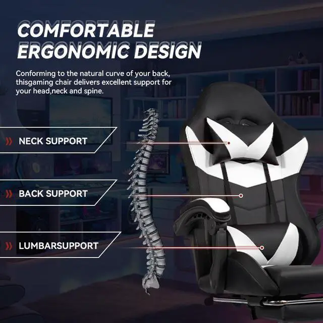 Alt view image 5 of 7 - Gaming Chair RGB Lighting PU Leather w/Synced Armrests & 5-Star Metal Base Black-White
