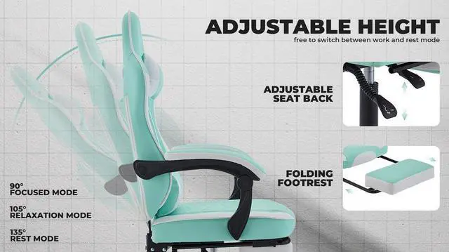 Alt view image 2 of 7 - Gaming Chair, Ergonomic Computer Chair with Footrest and Massage Lumbar Support, Height Adjustable Swivel Video Game Chair for Adults, 300lb Max, Green