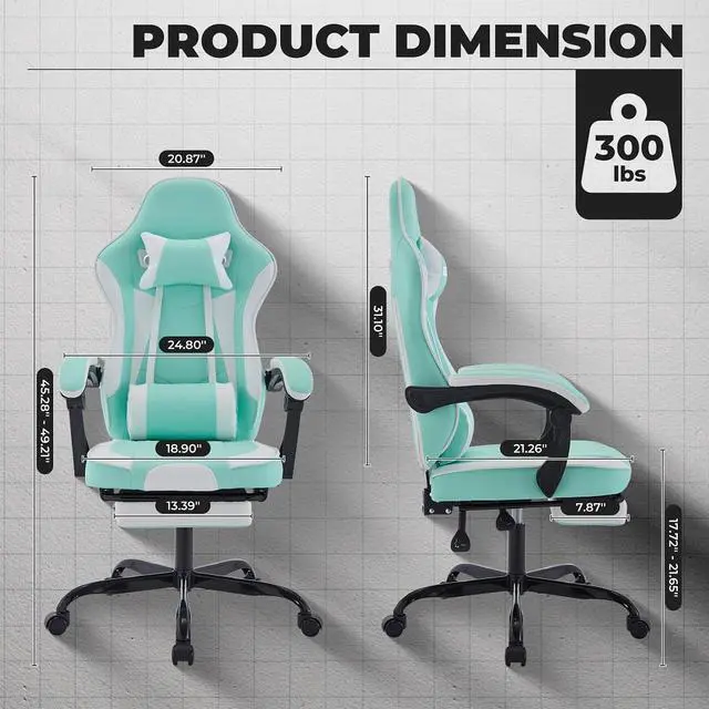Alt view image 3 of 7 - Gaming Chair, Ergonomic Computer Chair with Footrest and Massage Lumbar Support, Height Adjustable Swivel Video Game Chair for Adults, 300lb Max, Green