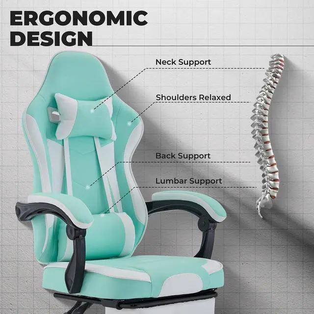 Alt view image 7 of 7 - Gaming Chair, Ergonomic Computer Chair with Footrest and Massage Lumbar Support, Height Adjustable Swivel Video Game Chair for Adults, 300lb Max, Green