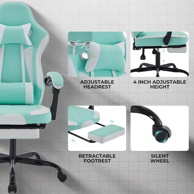 Alt view image 4 of 7 - Gaming Chair, Ergonomic Computer Chair with Footrest and Massage Lumbar Support, Height Adjustable Swivel Video Game Chair for Adults, 300lb Max, Green