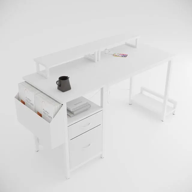 Alt view image 6 of 6 - 47.3"office desk with power outlet,2 Monitor Stands,2 drawers,Side Pocket,Easy to Assemble,Frame stability Reversible,use for home desk, computer desk, game table,White