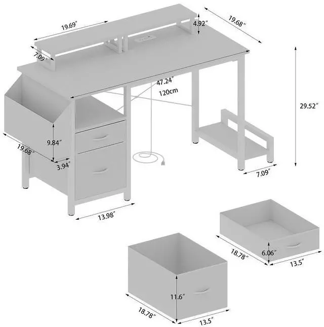 Alt view image 2 of 6 - 47.3"office desk with power outlet,2 Monitor Stands,2 drawers,Side Pocket,Easy to Assemble,Frame stability Reversible,use for home desk, computer desk, game table,White