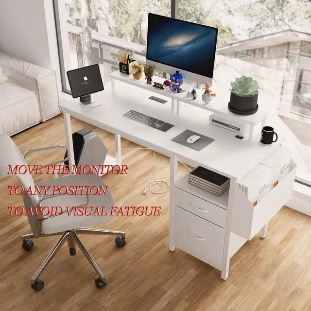 Main image of 47.3"office desk with power outlet,2 Monitor Stands,2 drawers,Side Pocket,Easy to Assemble,Frame stability Reversible,use for home desk, computer desk, game table,White