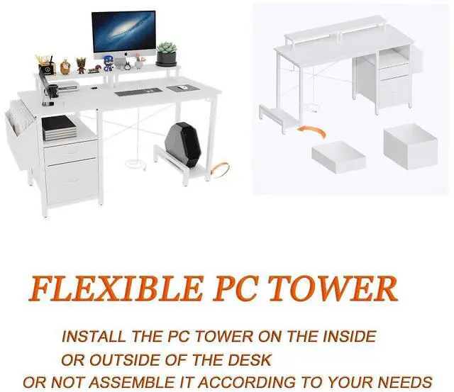 Alt view image 3 of 6 - 47.3"office desk with power outlet,2 Monitor Stands,2 drawers,Side Pocket,Easy to Assemble,Frame stability Reversible,use for home desk, computer desk, game table,White