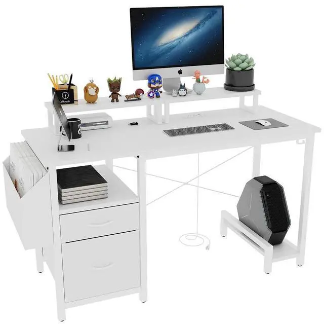 Alt view image 4 of 6 - 47.3"office desk with power outlet,2 Monitor Stands,2 drawers,Side Pocket,Easy to Assemble,Frame stability Reversible,use for home desk, computer desk, game table,White
