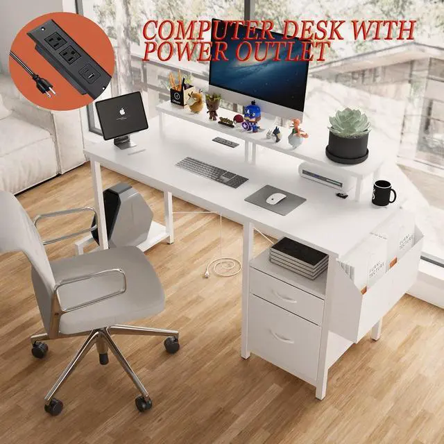 Alt view image 5 of 6 - 47.3"office desk with power outlet,2 Monitor Stands,2 drawers,Side Pocket,Easy to Assemble,Frame stability Reversible,use for home desk, computer desk, game table,White