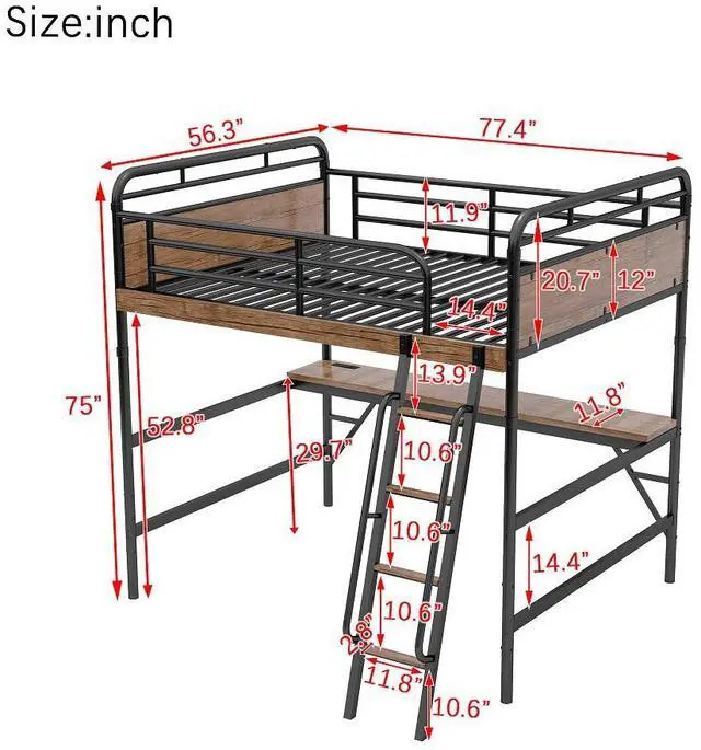Alt view image 3 of 7 - Full Size Metal Loft Bed with Desk, Metal Loft Bed with LED Light and Charge Station,Black
