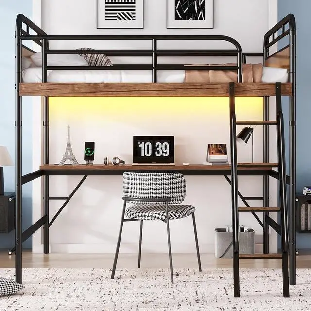 Alt view image 6 of 7 - Full Size Metal Loft Bed with Desk, Metal Loft Bed with LED Light and Charge Station,Black