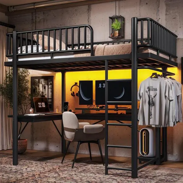 Main image of Full Loft Bed with L-Shaped Desk,LED Light Strip and Charge Station, Metal Loft Bed with Computer Mainframe Tray and Hanging Area, Special Round Pipe Design, Black