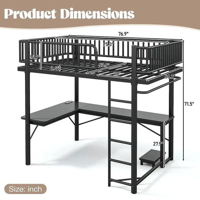 Alt view image 2 of 7 - Full Loft Bed with L-Shaped Desk,LED Light Strip and Charge Station, Metal Loft Bed with Computer Mainframe Tray and Hanging Area, Special Round Pipe Design, Black