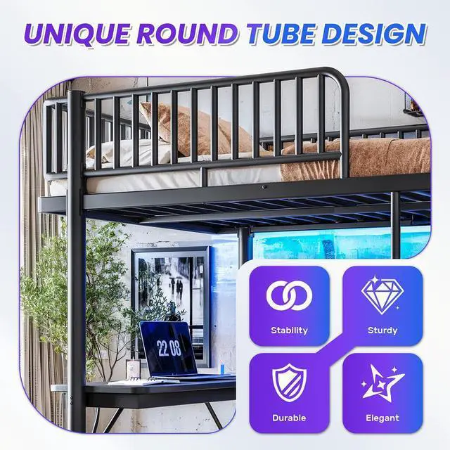 Alt view image 3 of 7 - Full Loft Bed with L-Shaped Desk,LED Light Strip and Charge Station, Metal Loft Bed with Computer Mainframe Tray and Hanging Area, Special Round Pipe Design, Black