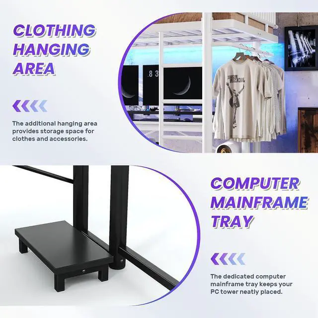 Alt view image 6 of 7 - Full Loft Bed with L-Shaped Desk,LED Light Strip and Charge Station, Metal Loft Bed with Computer Mainframe Tray and Hanging Area, Special Round Pipe Design, Black