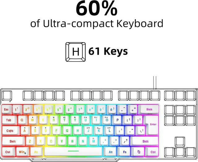 Alt view image 2 of 6 - Snpurdiri 60% Wired Gaming Keyboard, 61 Keys RGB Backlit Wrist Rest Ultra-Compact Mini Waterproof Keyboard for PC Computer Gamer (White)