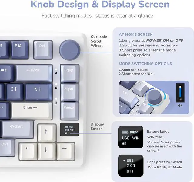 Alt view image 4 of 7 - RK ROYAL KLUDGE M75 Mechanical Keyboard with OLED Smart Display and Volume Knob, 2.4G/USB-C/BT Gasket Mounted 75% Layout Wireless Gaming Keyboard with 81 Keys, RGB Backlit Hot-Swappable Brown Switch