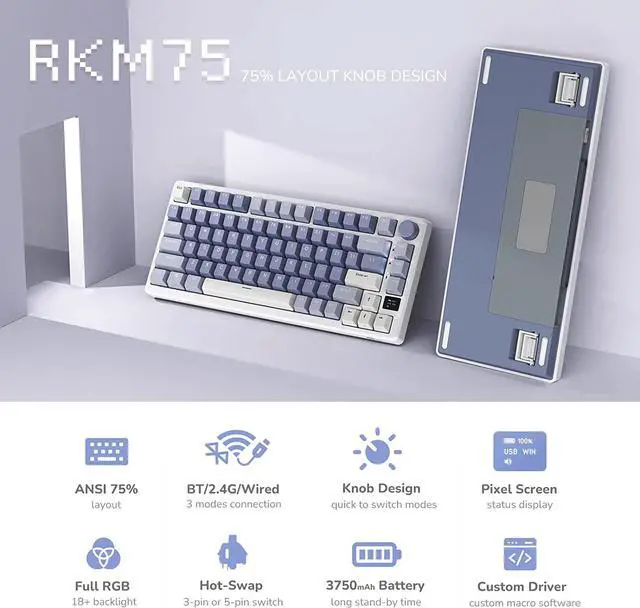Alt view image 2 of 7 - RK ROYAL KLUDGE M75 Mechanical Keyboard with OLED Smart Display and Volume Knob, 2.4G/USB-C/BT Gasket Mounted 75% Layout Wireless Gaming Keyboard with 81 Keys, RGB Backlit Hot-Swappable Brown Switch