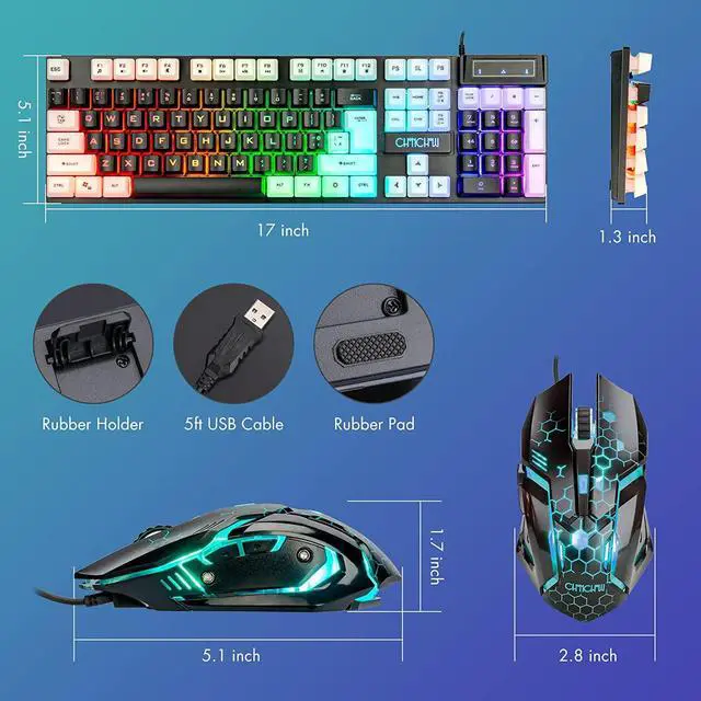 Alt view image 3 of 7 - CHONCHOW Light Up Keyboard and Mouse Combo, Full Size RGB Gaming LED Keyboard and Rainbow Wired Gaming Mouse for PS4 PS5 Xbox One Computer Desktop PC Gamer Office