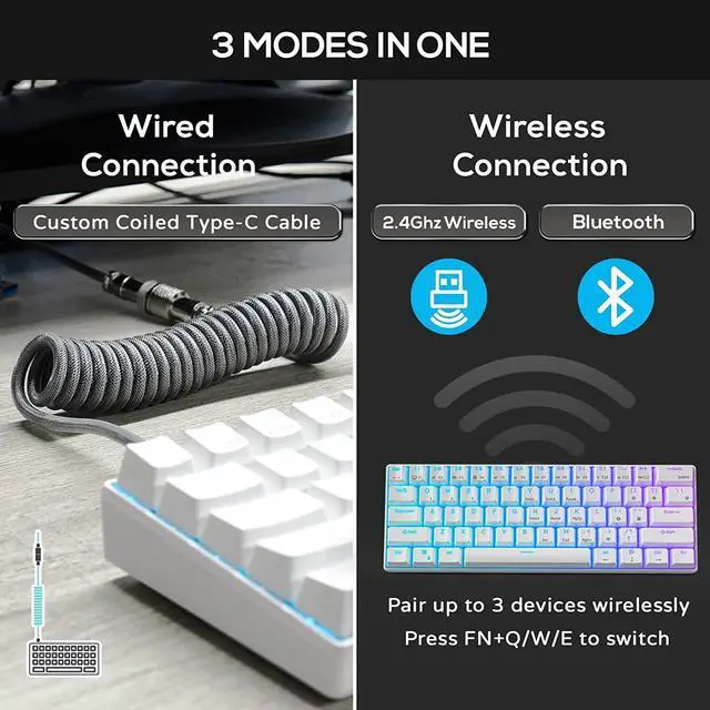 Alt view image 2 of 7 - RK ROYAL KLUDGE RK61 60% Mechanical Keyboard with Coiled Cable, 2.4Ghz/Bluetooth/Wired, Wireless Bluetooth Mini Keyboard 61 Keys, RGB Hot Swappable Red Switch Gaming Keyboard with Software - White