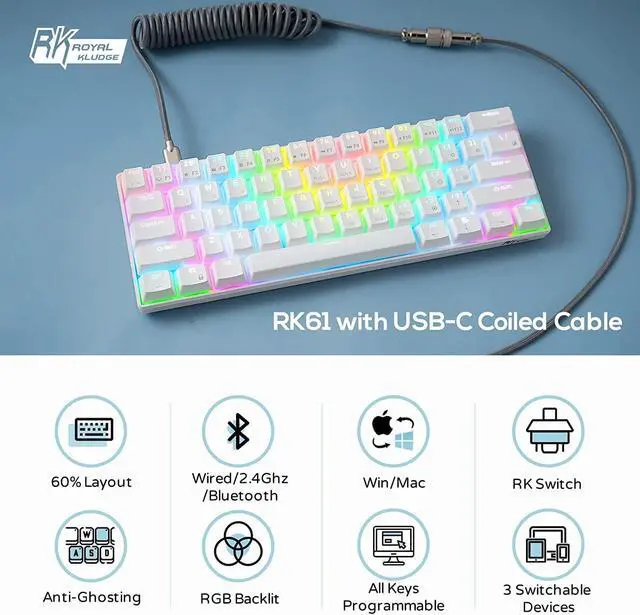 Alt view image 7 of 7 - RK ROYAL KLUDGE RK61 60% Mechanical Keyboard with Coiled Cable, 2.4Ghz/Bluetooth/Wired, Wireless Bluetooth Mini Keyboard 61 Keys, RGB Hot Swappable Red Switch Gaming Keyboard with Software - White