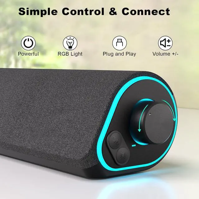 Alt view image 3 of 7 - SOULION R50 Bluetooth Computer Speakers, 3.5mm PC Sound Bar for Desktop Monitor, Wired USB Powered & Colorful LED Lights with Switch Button, Stereo Surround Sound Soundbar for Computer Laptop