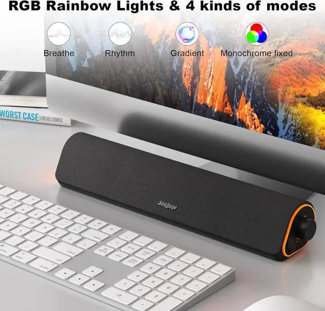 Alt view image 5 of 7 - SOULION R50 Bluetooth Computer Speakers, 3.5mm PC Sound Bar for Desktop Monitor, Wired USB Powered & Colorful LED Lights with Switch Button, Stereo Surround Sound Soundbar for Computer Laptop