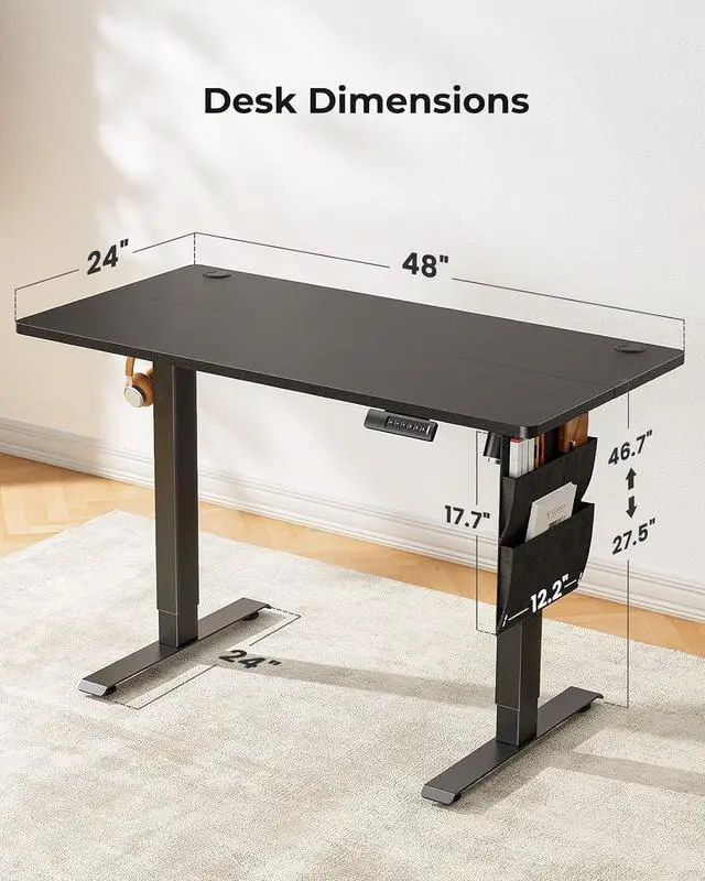 Alt view image 3 of 7 - Marsail Standing Desk Adjustable Height Home Office Desk,48x24 Inch Electric Standing Desk, Stand up Desk with Storage Bag,Headphone Hook for Computer Workstations Desk 4 Memory Preset