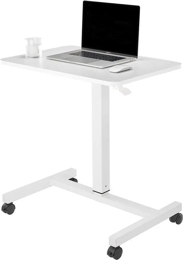 Main image of Mobile Laptop Desk Pneumatic Sit to Stand Table Height Adjustable Rolling Cart with Lockable Wheels for Home Office Computer Workstation 28" x 19" White Round Edge Design Elegant